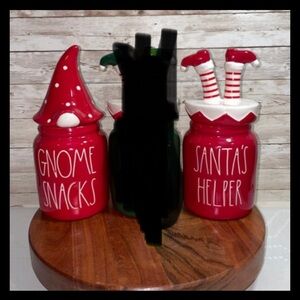 Rae Dunn Christmas canisters set of 2. SANTA'S HELPER, SANTA'S ELF GNOME SNACKS